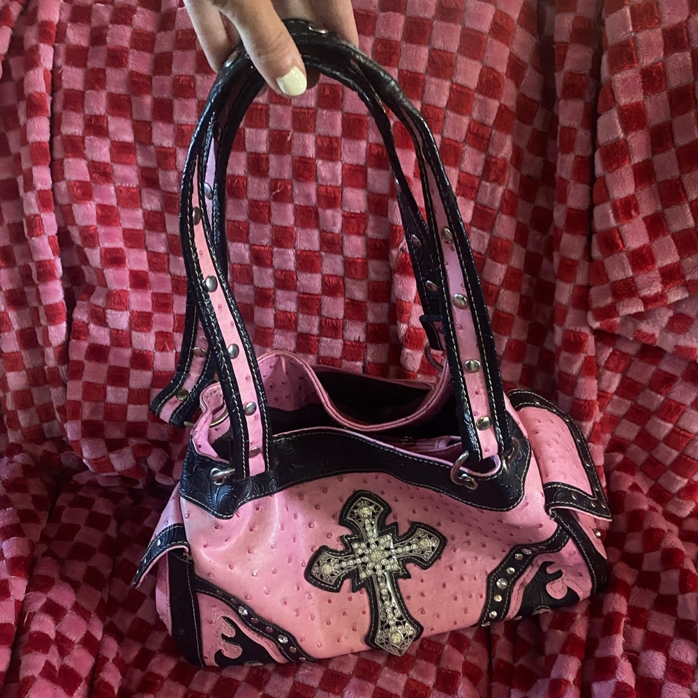 Pink and Black Handbag with Cross Design